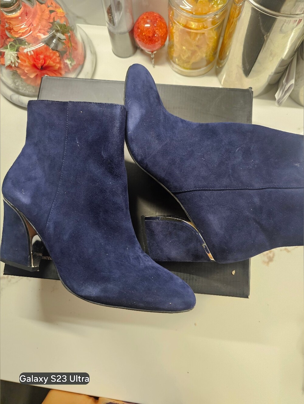 INC International Concepts Navy Suede Ankle Booties with Metallic Sculpted Heel